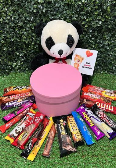 Sevgiliye Hediye Cikolata Dolu Kutu ve Panda Ayıcık